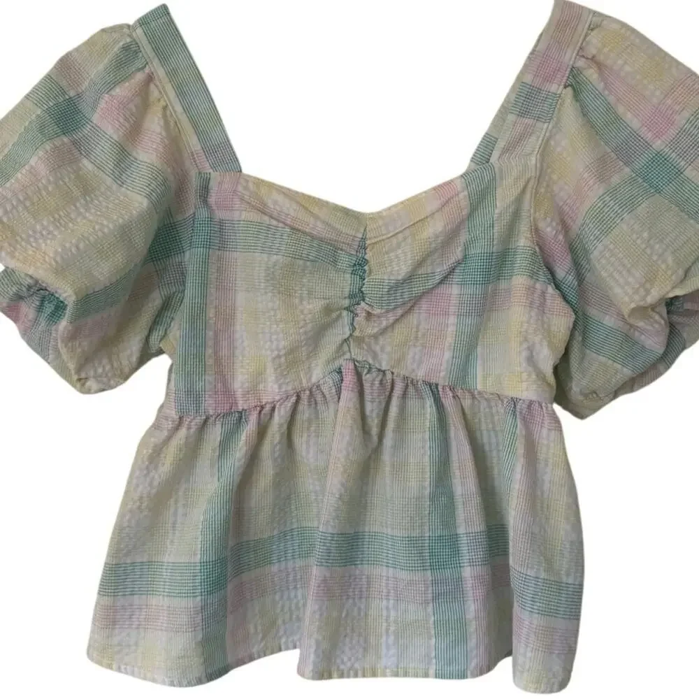 Puff Sleeve Peplum Babydoll Smocked Seersucker‎ Blouse Size M
